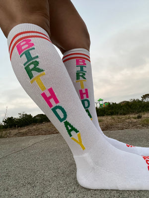 Birthday White Knee High Athletic Socks- The Sox Box