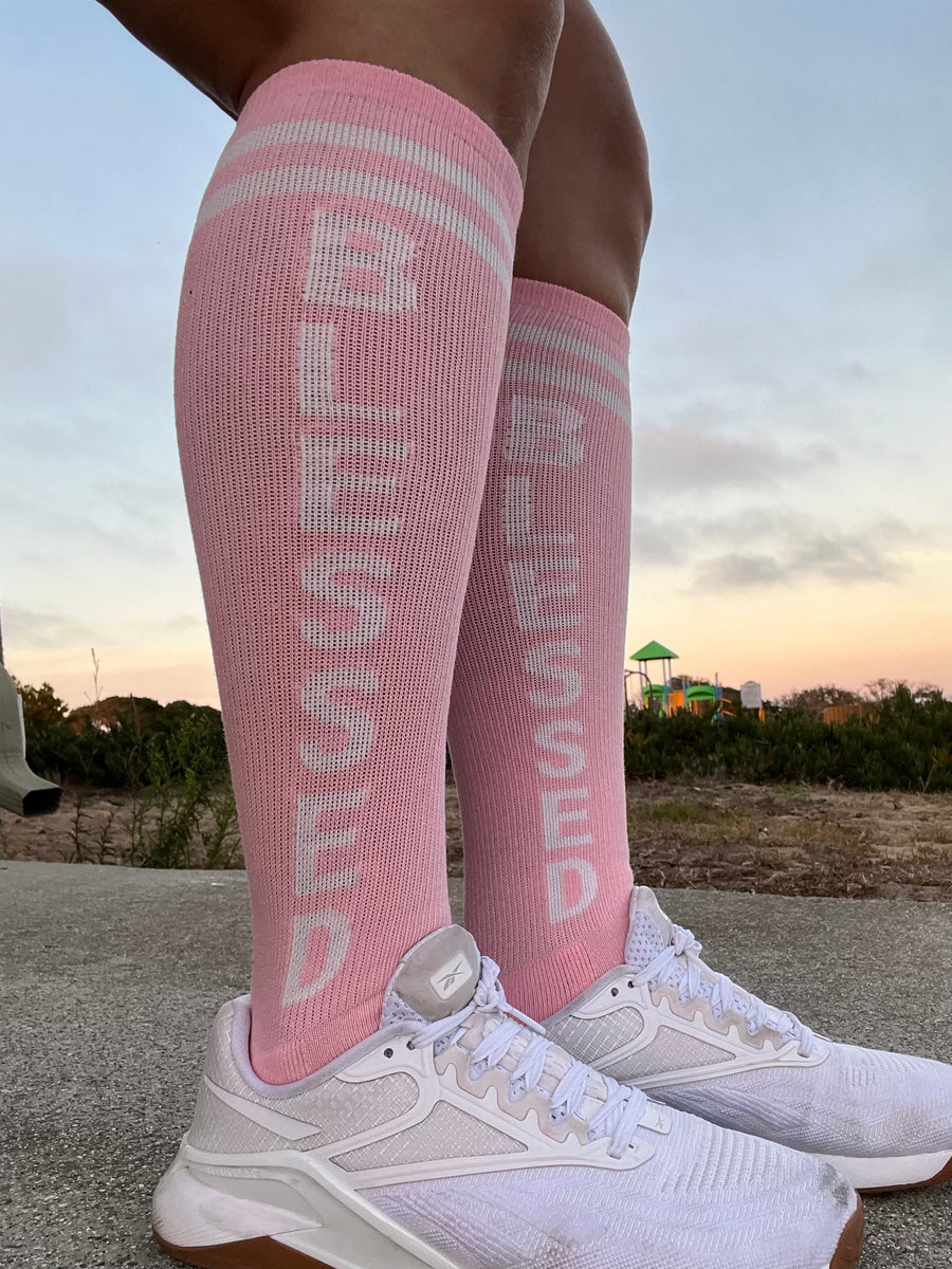 Blessed Pink Knee High Athletic Socks- The Sox Box