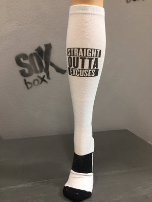 Straight Outta Excuses White Novelty Knee High Socks- The Sox Box