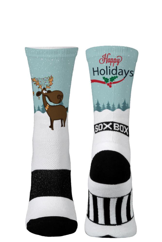 Happy Holiday Moose White Novelty Crew Socks- The Sox Box