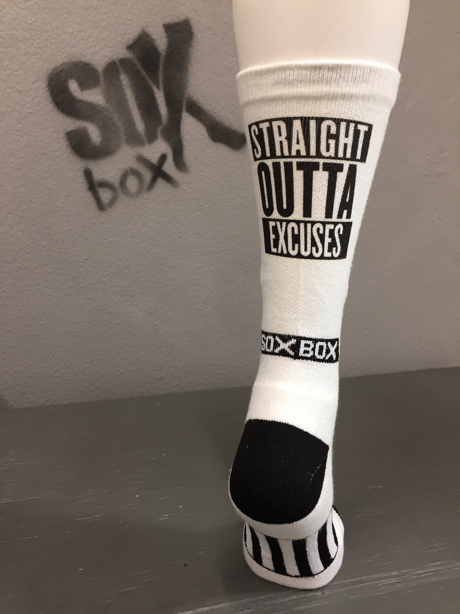 Straight Outta Excuses White Novelty Crew Socks- The Sox Box